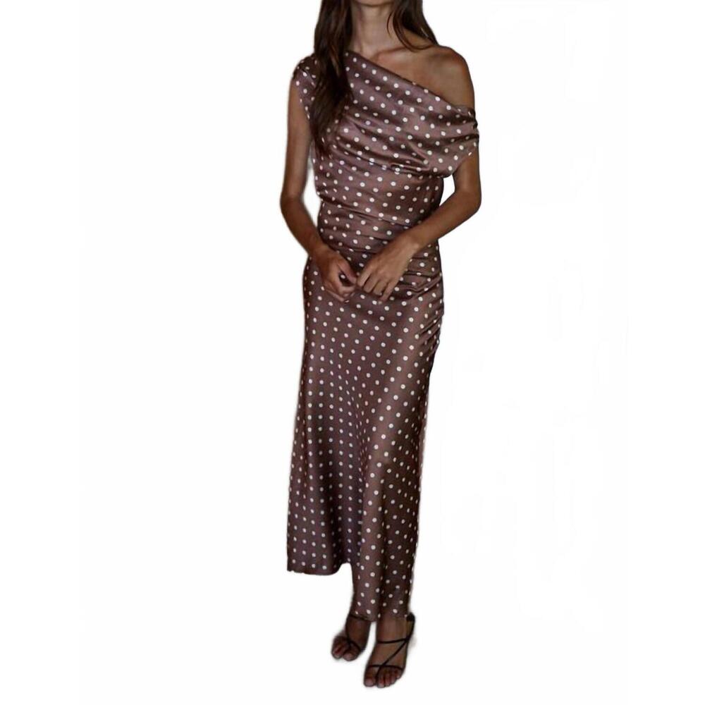 By Together Brown Polka Dot One-Shoulder Maxi Dress